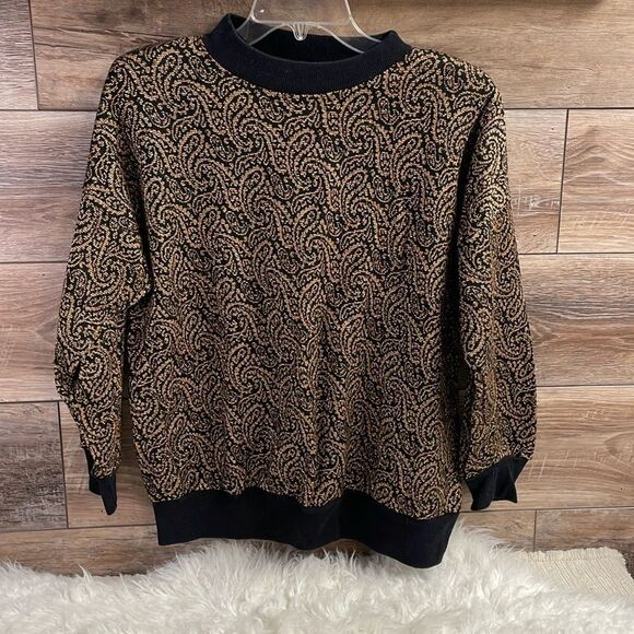 Vintage Pullover Metallic Paisley Pullover Festive Sweater Top, Black Gold, SZ L - Picture 1 of 7